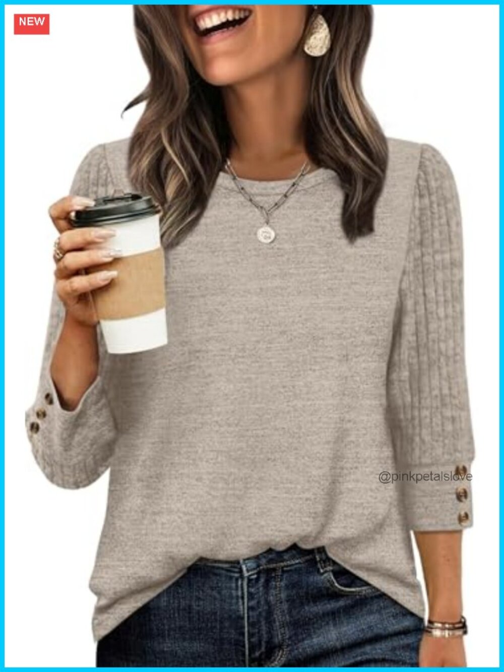 3/4 Length Sleeve Womens Tunic Sweater Lightweight Button Detail Loose Fit Top